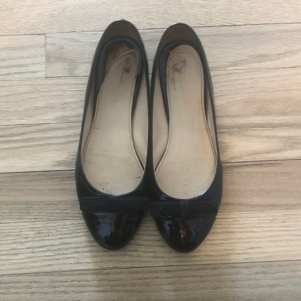 Prada Black Patent Leather Ballet Flats with Toe Bow